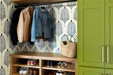 Example of a transitional multicolored floor and wallpaper mudroom design in Minneapolis with multicolored walls