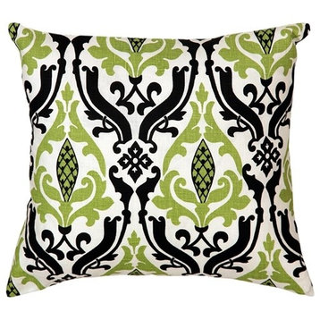 Tuscany Linen Damask Print Throw Pillow, Green and Black, 16x16