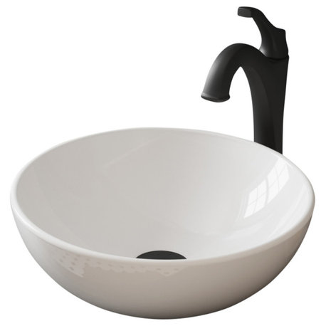 Elavo Round Ceramic Vessel Sink, Bathroom Arlo Faucet, Drain, Matte Black