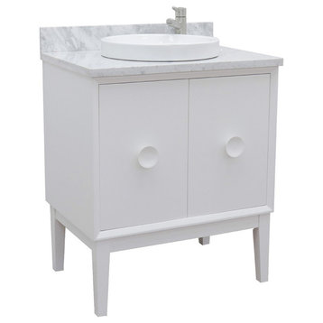 31" Single Vanity, White Finish With White Carrara Top And Round Sink
