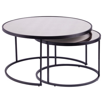 Donabbey Round Nestng Cocktail Tables 2pc Set, Antique Mirror and Black