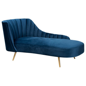 Ippolita Glam Luxe Navy Blue Velvet Fabric Upholstered and Gold Chaise