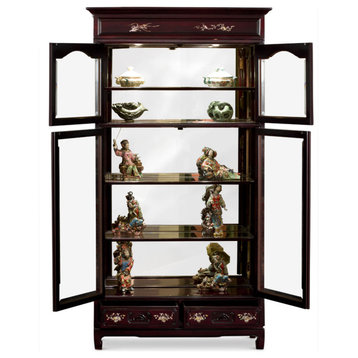 Dark Cherry Rosewood Oriental Curio Cabinet with Mother of Pearl Inlay