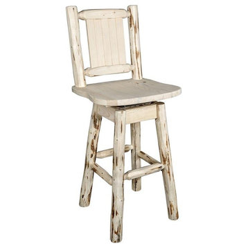 Montana Woodworks 30" Bronc Design Wood Swivel Barstool with Back in Natural