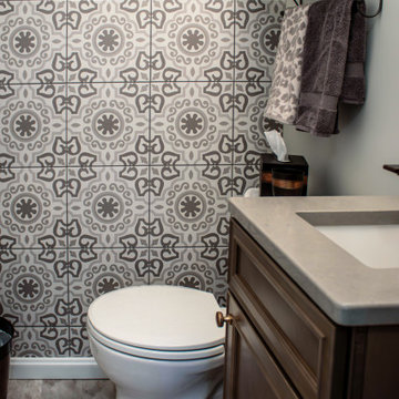 Maple Stained Shaker Wet Bar with Matching Tile in Powder Room
