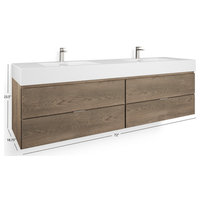 Bliss Bath Vanity, Butternut, 72", Double Sink, Wall Mount