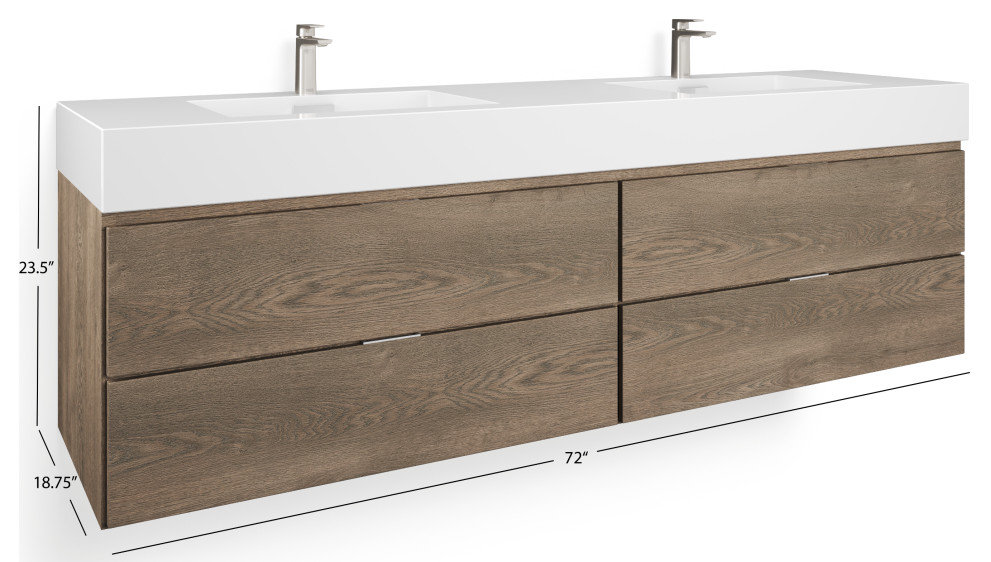 Bliss Bath Vanity, Butternut, 72", Double Sink, Wall Mount