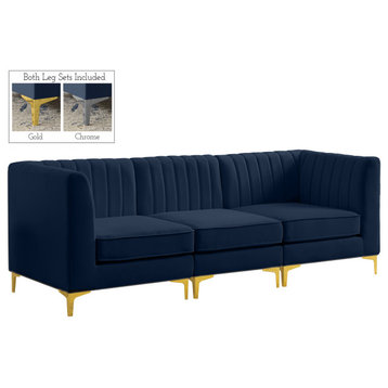 Alina Velvet Upholstered 3-Piece Modular Sofa, Navy