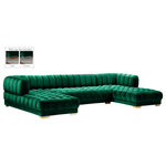 Meridian Furniture - Gwen Biscuit Tufted Velvet Upholstered 3 Piece Sectional, Green - Settle in for family game night atop this Gwen velvet sectional that's upholstered with soft green velvet material. This 3-piece sectional has a lot to offer, with its deep seating and extra wide design that gives you oodles of room to move around and get comfy. The tufted design of the arms, back, and seats adds to their durability and soft, welcoming touch. The sectional comes with two sets of legs in both gold and chrome to mesh nicely with other elements in your room.
