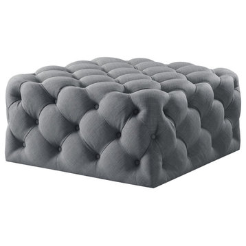 Lewis Square Cocktail Ottoman, Allover Tufted, Castered Legs, Linen, Light Gray