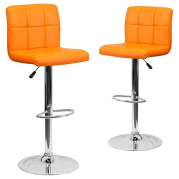 Contemporary Orange Quilted Vinyl Adjustable Height Barstools, Set of 2