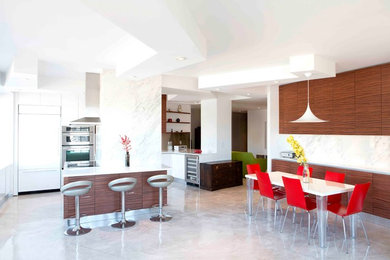 Dining room - mid-sized modern concrete floor and gray floor dining room idea in New York with white walls and no fireplace