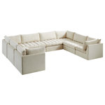 Meridian Furniture - Jacob Velvet Upholstered 8-Piece U-Shaped Modular Sectional, Cream - Create the ideal seating arrangement for your space when you pick and choose the elements you like mostincluding this Jacob velvet modular sectional. Mix and match items in the Jacob collection to bring your living space or family room together with a personalized slant. Soft cream velvet upholstery is soft and welcoming to the touch, adding a luxurious feel to everyday seating. Deep channel tufting adds to the piece's durability, and latches underneath the unit make it easy to attach to other pieces in the collection.