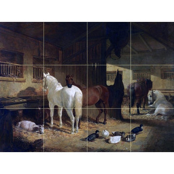 Tile Mural, Four Horses in A Barn Ceramic Glossy