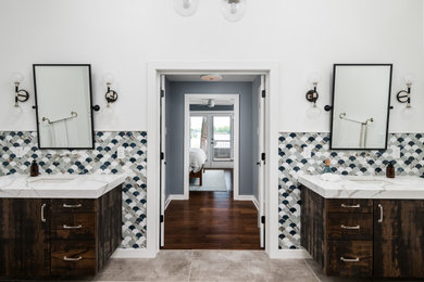 Bathroom - farmhouse single-sink bathroom idea in Charlotte with dark wood cabinets and a floating vanity