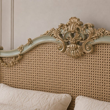 Ornate Rococo Cane Headboard with Hand Carved Gold Details