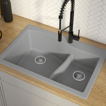 Quarza 33" Drop-In Undermount Granite Composite 60/40 Kitchen Sink, Grey