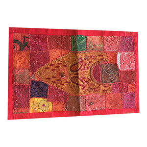 Mogul Interior - Deep Red Runner Sequins Embroidered Patchwork Indian Art Home Decor - Tapestries