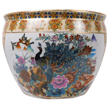 Chinese Porcelain Fish Bowl Planter, Satsuma Peacocks, 10"