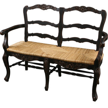 Settee French Country Farmhouse Blackwash Floral Wood Carving Hand