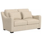 Hillsdale Furniture - Hillsdale York Upholstered Loveseat - It's been a long day. So, kick off your shoes, grab your softest blanket, and curl up for the foreseeable future on this Casual Upholstered Loveseat. Crafted for style and comfort, this double-seat cushion loveseat seats two, adds extra seating to living spaces, and is fully covered in a soft and neutral sand upholstery that lets it blend in with any decor. Plus, removable cushions, two matching throw pillows, and slightly scooped arms give you so many ways to recline and relax with your favorite book or new binge-worthy TV obsession. Assembly required.