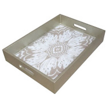Reverse Hand-Painted Mirror Glass Tray With Handles in Sand and Silver