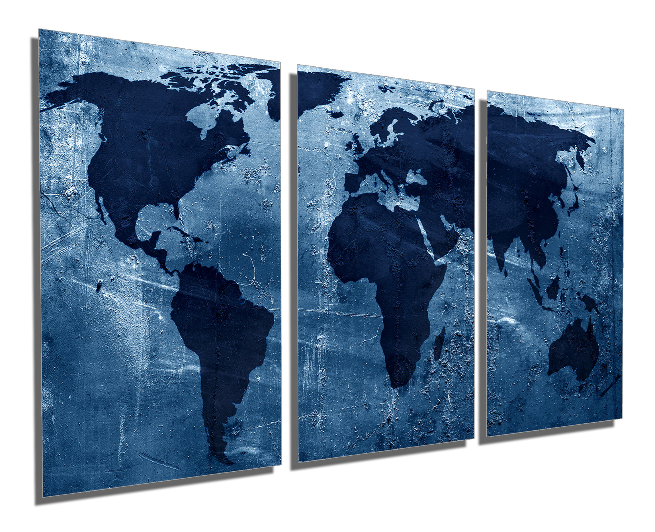 Blue World Map Metal Print Wall Art. 3 Panel split, Triptych HD ...