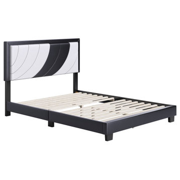 Contemporary Platform Bed, Unique Patterned PU Headboard, White/Black, Queen