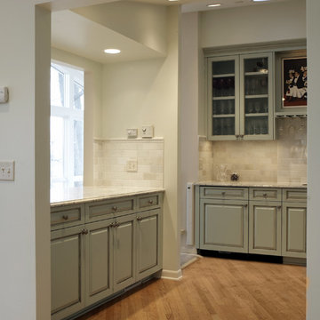 Traditional Kitchen With Blue Raised Panel Cabinets With Brown Glaze