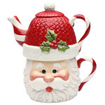Cosmos Gifts Corp - Santa Tea for One Teapot, 15 oz. - Enjoy your tea with the festive Santa Tea for One Teapot. Made from red and white ceramic with intricate hand-painted details, this 15-ounce teapot is eye-catching and unique.
