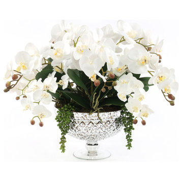 Faux White Orchid Arrangement in Antique Silver Glass Vase