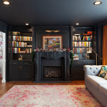 Monochromatic Fireside Elegance: A Radiant Transformation with Built-in Shelving