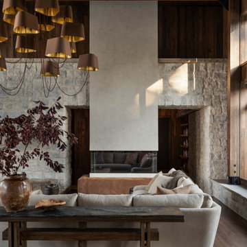 Antique Elm Paneling, Box Beams, and Flooring in Interlachen Modern Great Room