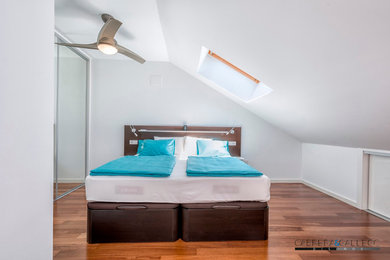Diseño de dormitorio principal moderno con paredes blancas y suelo de madera en tonos medios