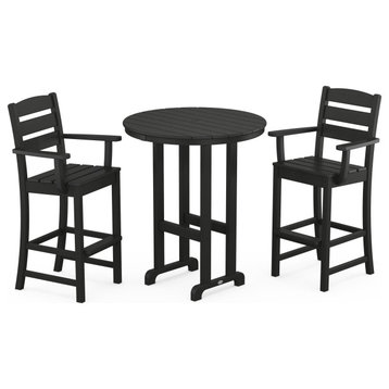 POLYWOOD Lakeside 3-Piece Round Farmhouse Bar Arm Chair Set, Black