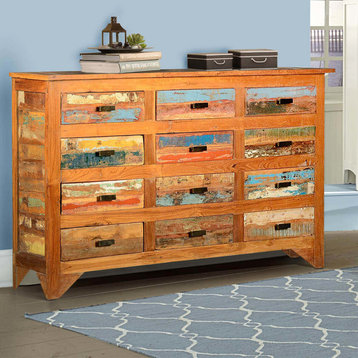 Multicolored Rustic Reclaimed Wood 12 Drawer Horizontal Dresser
