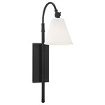 Savoy House - Rutland 1-Light Sconce, Matte Black - Sleek and contemporary! The Rutland wall sconce has fine, understated details and a fresh, polished appearance. it's an impeccable choice for great design and soft light along the walls, especially with modern, farmhouse, or transitional decor. The rectangular wall plate, long vertical tail, and graceful curved light arm, have a high quality, matte black finish. And the conical shade is made of crisp white fabric, enclosing one 60W, E-style bulb. The sconce measures 6" wide, 24.5" high, and extends 11.5" from the wall "ideal to place singly, in pairs, or in groups. it's chic, modern style for your dining area, living room, entryway, family room, kitchen, bedroom, bathroom, hallway, office, or great room.