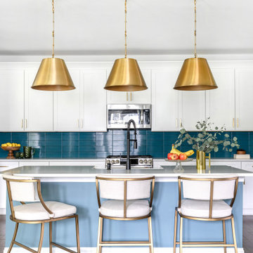 Huntersville Kitchen Refresh with new gold lighting, blue tile and fab bar stool
