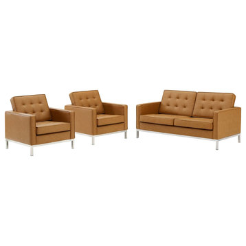 Loft 3 Piece Tufted Upholstered Faux Leather Set, Silver Tan