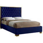 Meridian Furniture - Lana Velvet Bed, Navy, King - Make the Lana navy velvet bed part of your dream bedroom setup. This bed has all of the bells and whistles you want, including a super tall headboard that stands nearly five-feet tall. The bed is covered in navy velvet fabric for a luxe look, and it's deeply tufted for added luxuriousness. The headboard is soft and welcoming against your back and head as you read or watch TV in bed, and the bed rests on gold legs for dependable sturdiness and durability. Use it without a box spring or foundation, since the slats are included.