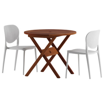 Amazonia Ricard Eucalyptus 3 Piece Outdoor Round Dining Set With White Chairs