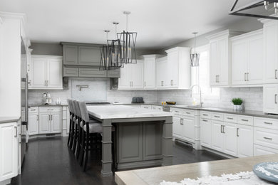 Example of a trendy u-shaped eat-in kitchen design in Chicago with white cabinets, stainless steel appliances and an island