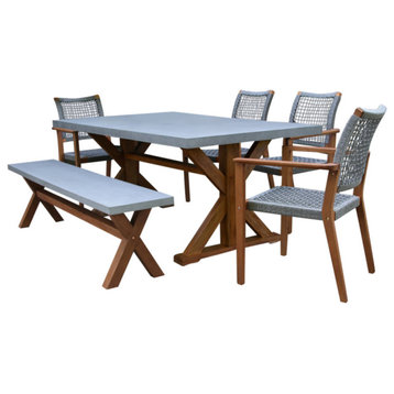 6-Piece Eucalyptus and Composite Dining Set With Bench and Stacking Armchairs
