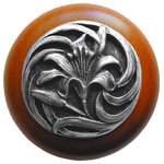 Notting Hill Decorative Hardware - Tiger Lily Wood Knob, Antique Brass, Cherry Wood Finish, Antique Pewter - Projection: 1-1/8"