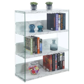 Pemberly Row Four-Tier Wide Bookcase in White Faux Marble Wood