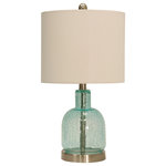 StyleCraft Home Collection - Teal Sea Table Lamp, Seafoam Blue Crackled Glass with Off-White Shade - Light brown metallic accents enhance the look of this table lamp's light teal glass frame. The base, central support, neck, and finial are all metal with a gleaming finish. A white fabric shade completes the look, making this glass table lamp a beautiful addition to a living room, dining room, hallway, office, or bedroom.