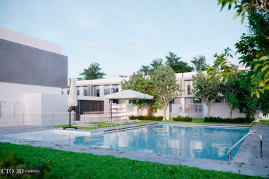 Diseño 3D de renders exteriores, piscinas y zonas comunes con jardines