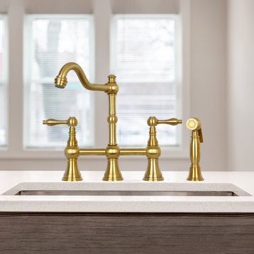 Two-Handles Copper Bridge Kitchen Faucet with Side Sprayer, Brushed Gold