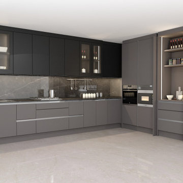 L-shaped Grey & Black Handleless Kitchen Set Supplied by Inspired Elements