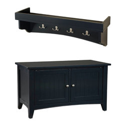Alaterre Furniture - Shaker Cottage Tray Shelf Wood Coat Hook with Cabinet Bench Set in Charcoal Gray - Hall Trees
